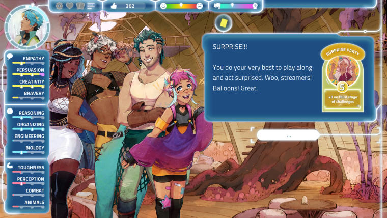 Scene drawn in bright pastel colours. There are four beautiful characters of various builds, clothes, colours and genders standing close to one another, smiling and looking sexy. They're all inside a hall that has vegetation growing directly from the floor. It's all giving off a cute alien vibe. This is a surprise party. A text box reads: "SURPRISE!!! You do your very best to play along and act surprised. Woo, streamers! Balloons! Great.